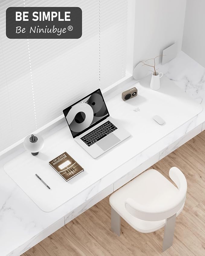 Desk Pad, 48" x 17" PU Leather Non-Slip Desk Mat Large Mouse Pad for Desktop, Waterproof Laptop Computer Writing Mat for Office, Home, Work, Gaming, White