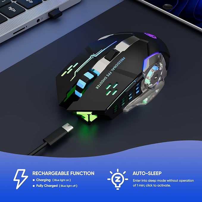 MELOGAGA Wireless Gaming Mouse Bluetooth Mouse RGB Rechargeable 2.4G USB Cordless Computer Mice with 7 Color Backlit, 6 Buttons & Silent Click for Laptop, iPad, Mac OS, PC, Windows -Black