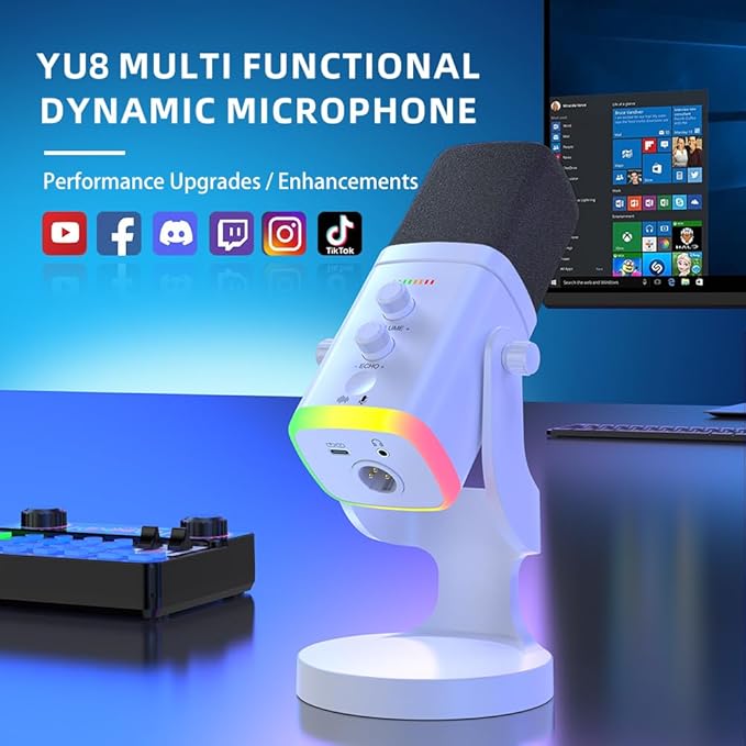 YU8-white Dynamic Microphone - USB/XLR RGB Mic with Echo Adjustment, Mute Key & Monitoring Jack, Desktop Microphone for PC Gaming, Streaming & Chat