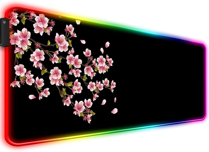 RGB Japanese Cherry Blossom Gaming Desk Mat, Computer Keyboard Large Extended Flowers LED Mouse Pad for Office and Home, 31.5×11.8 Inches, XL, Black