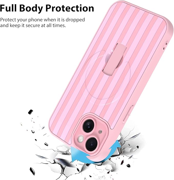 KANGHAR Compatible with iPhone 15 Case, Support for MagSafe, Silicone Stripes Cute Pattern, Wristband Kickstand Camera Protection Soft Slim Cover for Girls Women -Pink