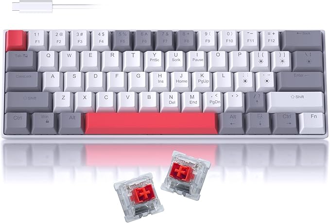 Camiysn 60% Mechanical Gaming Keyboard,Mixed Color Keycaps Gaming Keyboard with Red Switches, Detachable Type-C Cable Mini Keyboard with Blue LED Light for PC/Laptop