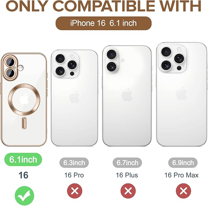 Hython Magnetic Clear for iPhone 16 Case with Camera Lens Protector [Compatible with MagSafe] Luxury Plating Edge Slim Soft TPU Cover Protective Phone Case for iPhone 16 6.1", Desert Brown