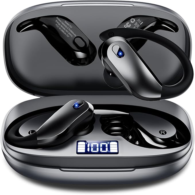 KTGEE Wireless Earbuds Bluetooth 5.3 Headphones Sport,IPX7 Waterproof Sports Earphones with Earhooks,48H Playtime,Lightweight 7.8g,Fast Charging Case,Noise Cancelling Mic for Running Gym Workout-Gray