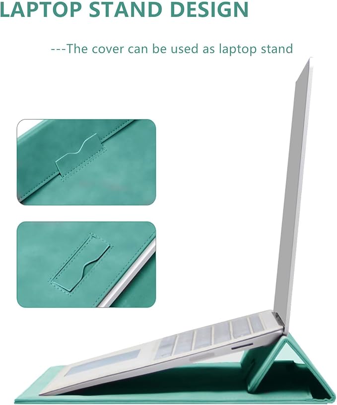 Megoo 15" Slim Laptop Case Sleeve with Stand for Samsung Galaxy Book 15.6", MacBook Air 15.3"/Pro 16.2", Microsoft Surface Laptop 7/6/5 15.6", Leather Case for 15" 16" Chromebook Notebook(Cyan)