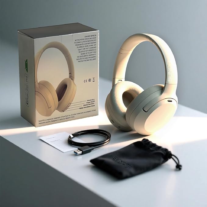 Hybrid Active Noise Cancelling Headphones, Wireless Over Ear Bluetooth Headphones with Mic, 40H Playtime, Hi-Res Audio, Deep Bass, Foldable Comfort Fit Ear Cups for Travel, Office, Home (White)