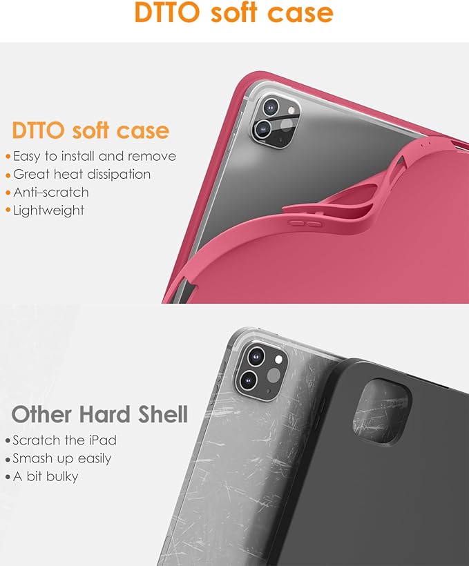 DTTO for iPad Pro 11 inch 4th/3rd/2nd/1st Generation 2022/2021/2020/2018 Case, Smart Slim Trifold Stand Soft TPU Back Cover with Built-in Pencil Holder, Also Fit iPad Air 5/4,Rose Red