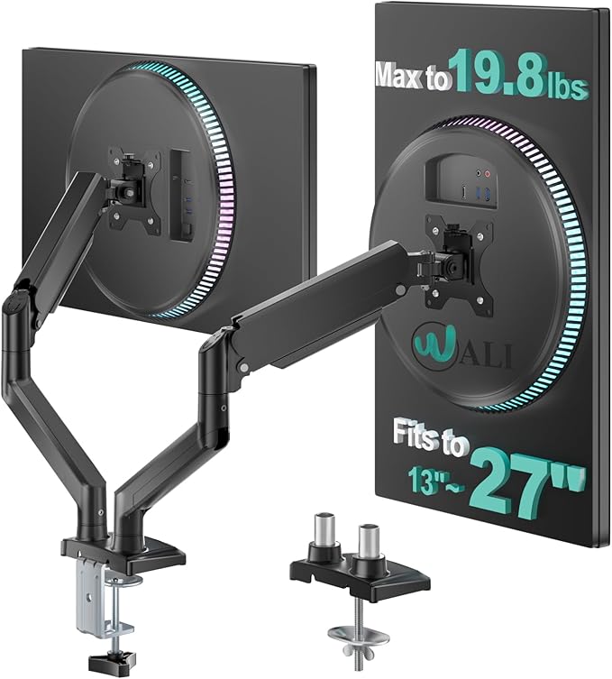 WALI Dual Monitor Mount for 13-27 inch Screens, Dual Monitor Arms for 2 Monitors Holds 19.8 lbs, Adjustable Dual Monitor Stand for Desk, VESA Mount 75x75/100x100mm (GSMP002), Black