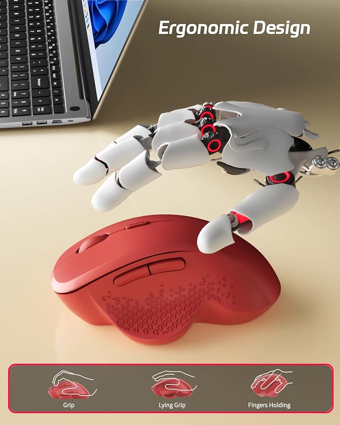 Uiosmuph G09 Bluetooth Wireless Mouse, BT5.1 & 2.4Ghz Rechargeable Computer Mouse with USB Receiver and Type C Adapter, Ergonomic Bluetooth Mice for Laptop, iPad, Mac - Red