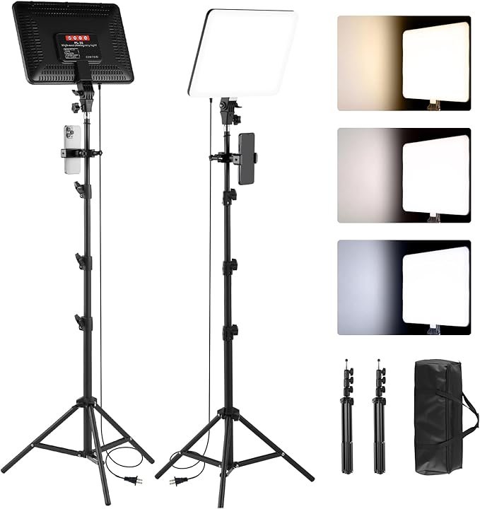 2-Pack LED Video Light Kit, 14" Studio Light with 75'' Tripod Stand & Phone Holder, 2700-6500k Dimmable Photography Lighting Kit, Podcast Lighting for Video Recording, Streaming, YouTube, Tiktok