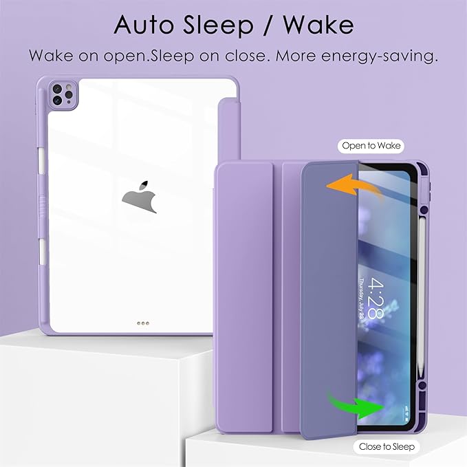 Soke Case for iPad Pro 12.9 Inch (6th/5th/4th/3rd Generation, 2022/2021/2020/2018) - Pencil Holder + Auto Sleep/Wake + Camera Protection, Transparent Shockproof Back Cover,Gray Purple
