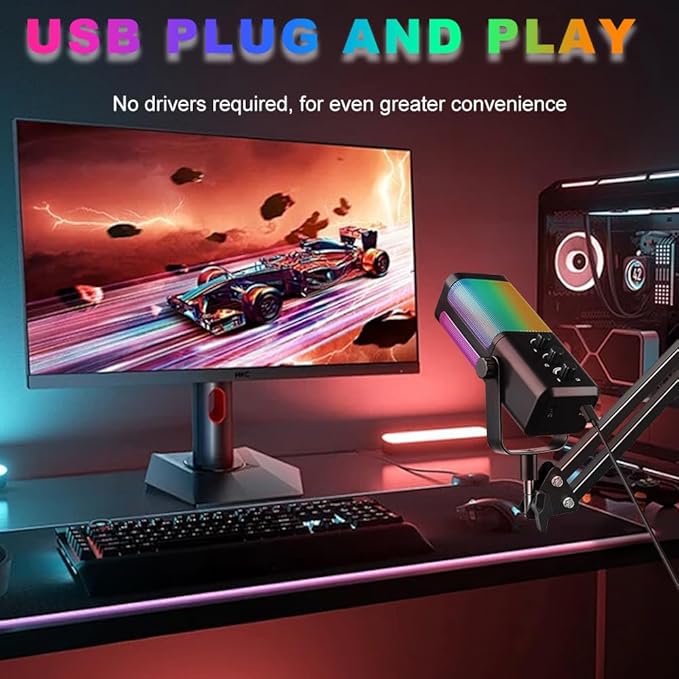 M7 USB Gaming Microphone with Boom Arm - Professional RGB Condenser Mic for PC/PS5 - Triple-Knob Control (Mic Gain, Headphone Vol, Monitor Mix) - Zero Latency Streaming Kit Mic Black