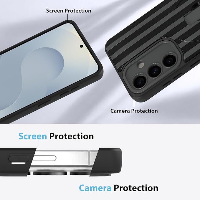 KANGHAR Compatible with Samsung Galaxy S25 Case, Support for MagSafe, Silicone Stripes Cute Pattern, Wristband Kickstand Camera Protection Soft Slim Cover for Girls Women -Black