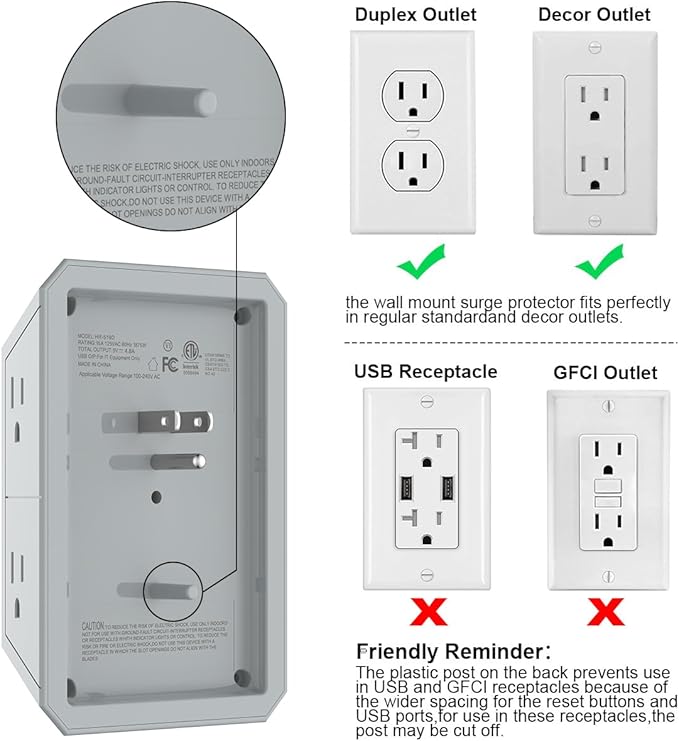 USB Wall Charger, Surge Protector, QINLIANF 5 Outlet Extender with 4 USB Charging Ports(3U1C) 3-Sided 1680J Power Strip Multi Plug Outlets Wall Adapter Spaced for Home Travel Office, Grey