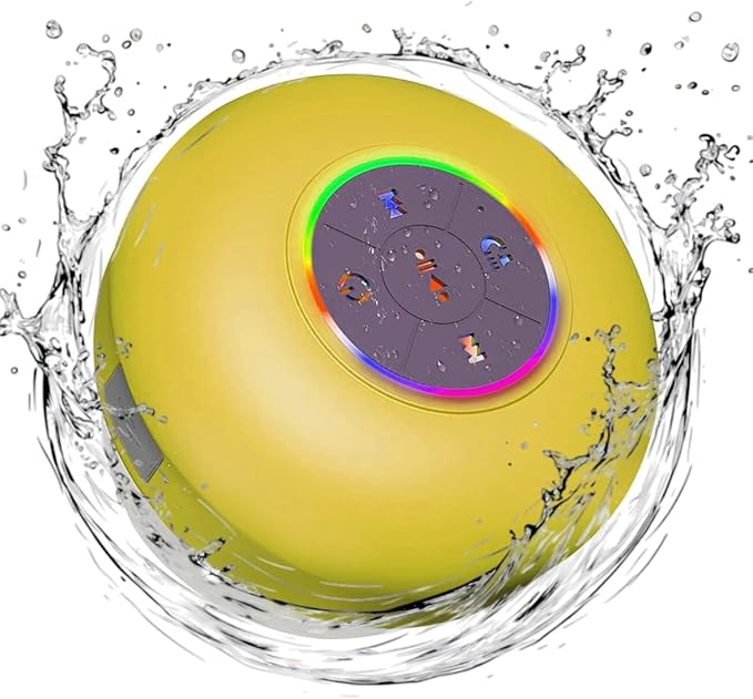 Bluetooth Shower Speaker with LED – Portable Wireless Mini Speaker with Mic & Suction Cup, IPX4 Water Resistant for Shower, Travel, Pool, River Floating, and Outdoor Fun (Yellow)