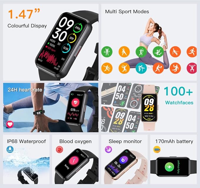 Fitness Trackers,Blood Oxygen Heart Rate Sleep Monitor,1.47‘’ OLED Display,Smart Band 24/7 Health Monitoring,Calorie Pedometer Steps Counter Activity watchs/Notifications(Black)