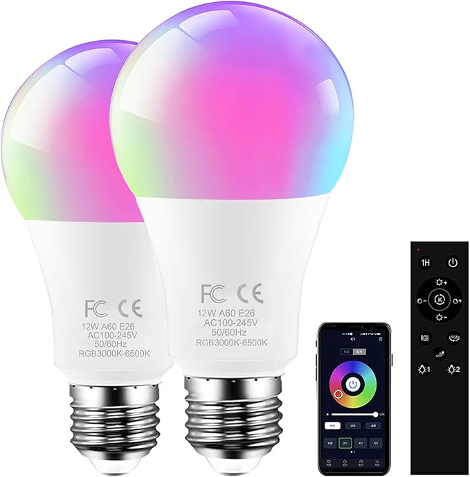 RGBCW E26 Smart Light LED Bulb with a 2.4GHz Remote Control 12W 1000lm Color Changing for Bedroom, Mood Soothing,100W Equivalent,Dimmable 1% to 100% 3000-6500K,2 Bulb & 1Remote