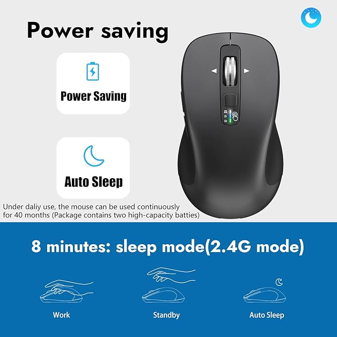CITLLA Wireless Bluetooth Mouse (USB + BT1 + BT2), Full Size Mouse, 4-Way Scrolling, Multi-Device Silent for Computer, Laptop, iPad, MacBook (Grey)