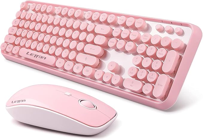 Pink Keyboard and Mouse Wireless, Cute Typewriter Style Round Key Keyboard, 2.4GHz Full Size Aesthetic Retro Bubble Creamy Keyboard and Mouse Set for Long Nails PC Laptop Desktop Computer