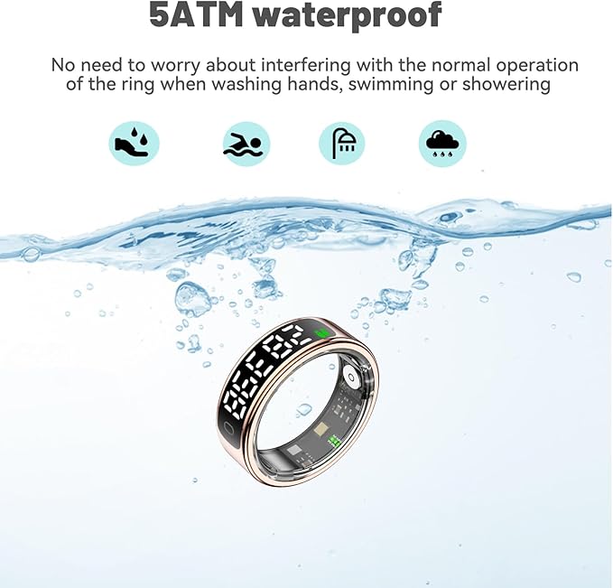 Smart Health Ring for Women Men, Smart Ring Fitness Tracker for iOS Android, Heart Rate, Blood Oxygen, Blood Pressure, Sleep Monitoring,5ATM Waterproof, No Subscription Fee (Gold, 10#)
