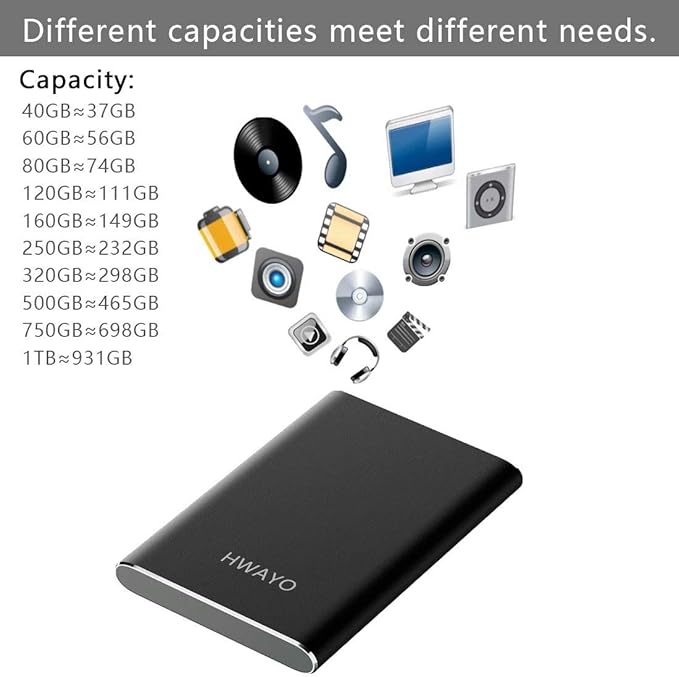 HWAYO 750GB Portable External Hard Drive, USB3.1 Gen 1 Type C Ultra Slim 2.5'' HDD Storage Compatible for PC, Desktop, Laptop, Mac, Xbox One (Black)