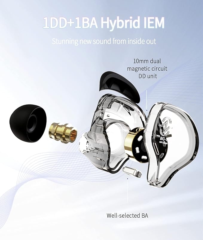 In Ear Monitor CCZ Melody Earphone, Dynamic Hybrid Dual Driver in Ear Earphones 1BA+1DD HiFi Wired Headphones Musicians IEM Upgrade Deep Bass Suitable for Bass Vocals Pop Folk (with MIC,Transparent)…