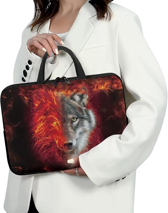 Flaming Wolf Laptop Case 12 Inch Sleeve, Protective Computer Covers with Accessory Pocket, Wildlife Animal Compatible Sleeve Bag for Most 10-17 Inch Notebooks, Black & Red