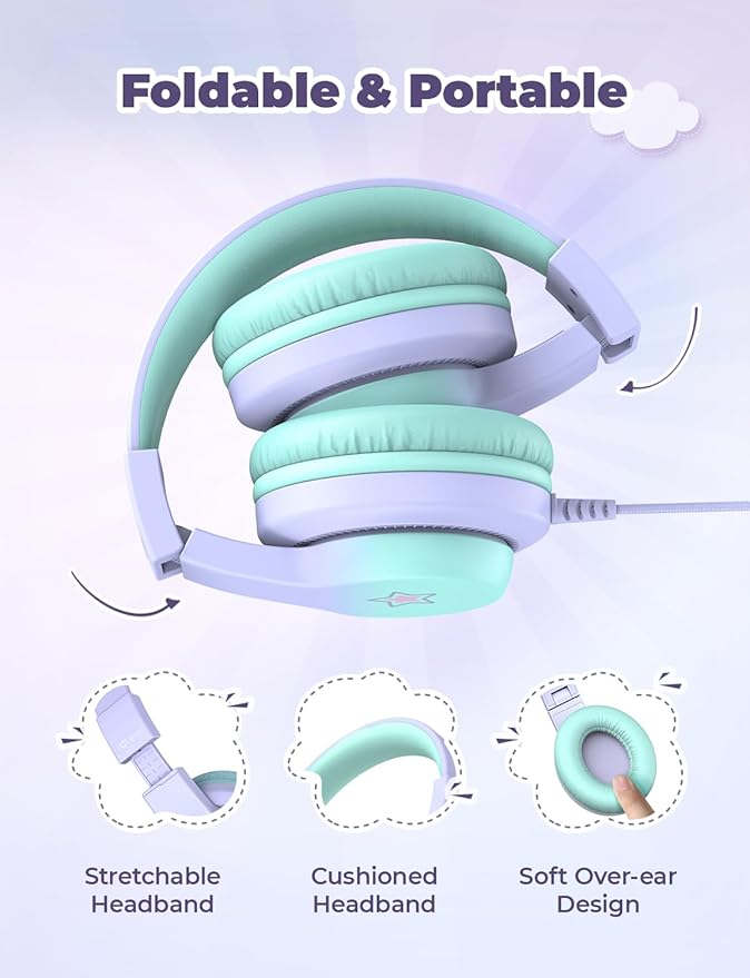 iClever HS19S Kids Headphones, 85dBA Safe Volume Limiter - Over Ear Stereo Headphones for Kids Boys Girls, Foldable 3.5mm Jack Wired Headphone for iPad/Tablet/School/Travel