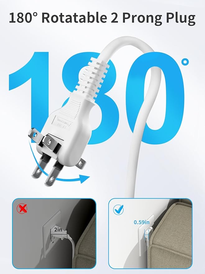 NTONPOWER Long Extension Cord 15FT, 1875W/15A 2 Prong to 3 Prong Outlet Adapter, 3 Outlets 2 USB Ports, Wall Mount 2 Prong Power Strip Flat Plug, 3 to 2 Prong Outlet Adapter for Old House, Office