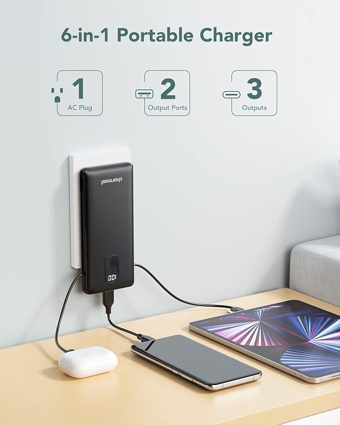 charmast Portable Charger with Built-in Cables and Wall Plug, 10000mAh USB C Portable Power Bank, Potable Phone Charger, Travel Essentials Compatible with iPhones, Samsung Galaxy, iPad