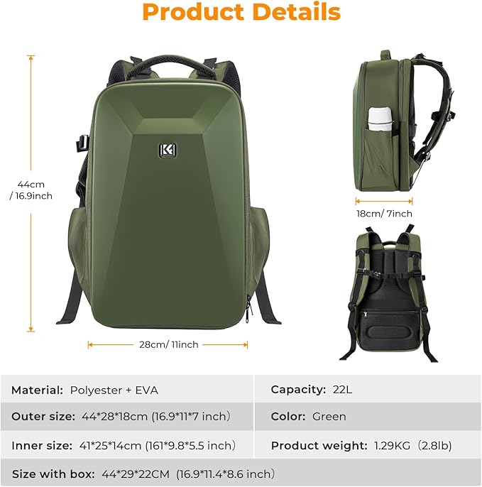 K&F CONCEPT Camera Backpack,Hardshell Photography DSLR Camera Bag with 15-15.6 Inch Laptop Compartment Hard Shell Camera Case Compatible with Canon/Nikon/Sony/DJI Mavic Drone