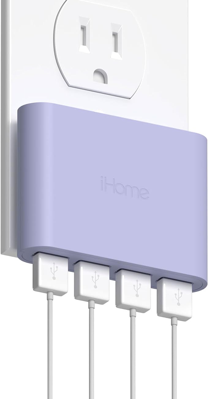 iHome Slim 4-Port USB Wall Charger, AC Pro Multiport Plug Adapter, Phone Charging Block with 4 Ports, Flat USB Wall Adapter for Home & Travel