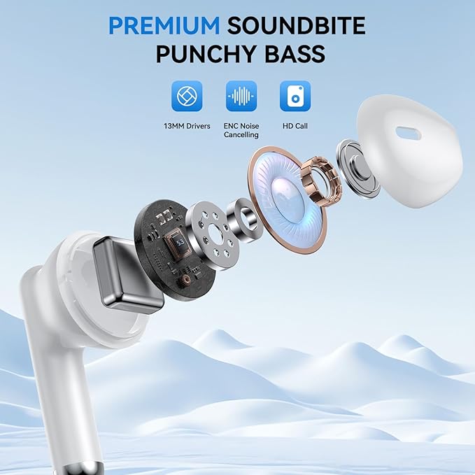 Wireless Earbuds, Bluetooth 5.4 Headphones HiFi Stereo with 4 HD Mic, 50H Playtime Bluetooth Earbuds with LED Display, IPX7 Waterproof Wireless Earphones, Touch Control Ear Buds,USB-C White