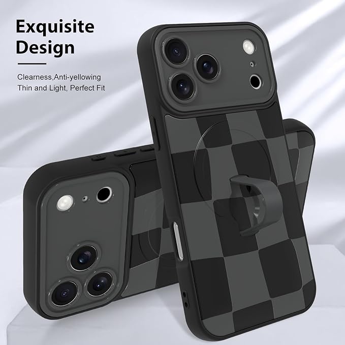 KANGHAR Compatible with iPhone 17 Pro Max Case, Support for MagSafe, Silicone Checkered Cute Pattern, Wristband Kickstand Camera Protection Soft Slim Cover for Girls Women -Black