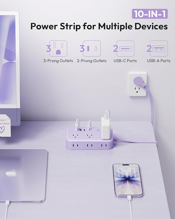 Purple Extension Cord Surge Protector Power Strip with 6 Outlets 4 USB Ports(20W), Flat Extension Cord with Multiple Outlets, 5 ft Flat Plug Outlet Extender for Indoor, Office