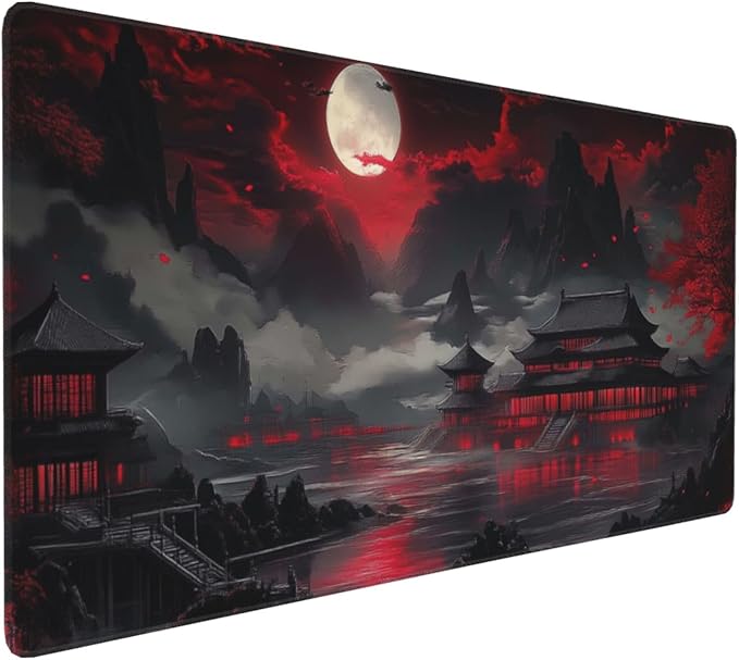 Japanese Mouse Pad Large Riverside Full Moon Desk Mat Black Red Mouse Pad Gaming 35.4"x15.7" Long Keyboard Pad Mouse Mat with Stitched Edges Non-Slip Base Computer Pc Desk Pad for Office Work Home