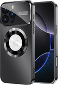 MAKAVO Magnetic for iPhone 16 Pro Max Case, Compatible with MagSafe, Built-in Camera Lens Protector, Logo View, Military Grade Drop Protection Phone Cover, Black