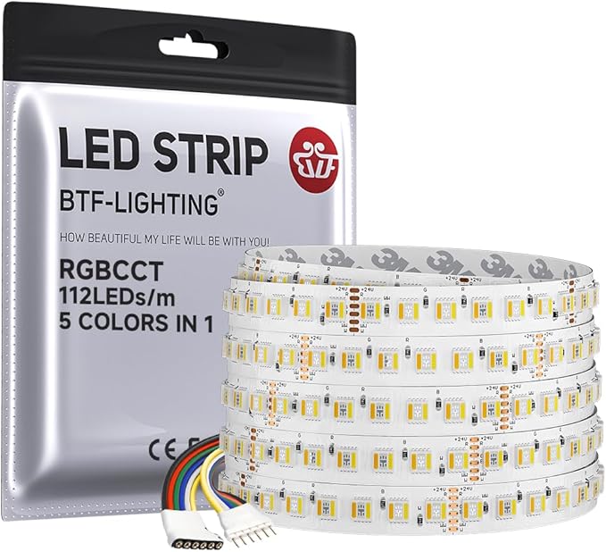 BTF-LIGHTING Highest Density RGBCCT 5 Colors in 1 LED 5050SMD RGB+ Tunable Color Temperature 2700K-6500K 16.4ft 112LEDs/m DC24V Multi-Colored IP30 12mm Width White LED Tape(No Adapter or Controller)