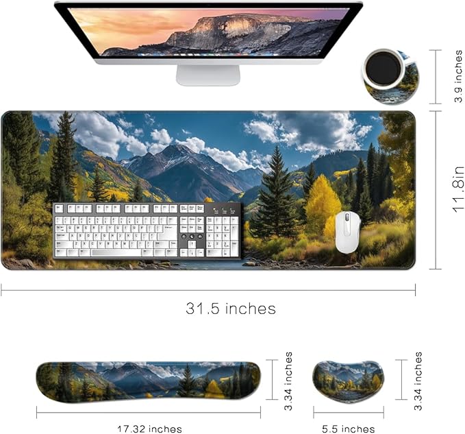 MIBITRI Keyboard Mouse Pad Set, Extended Gaming Mouse Pad+Ergonomics Keyboard Wrist Rest Support, Memory Foam, Easy Typing Pain Relief, 4Pcs XXL Ultra Thick Desk Mat, Nature Forest