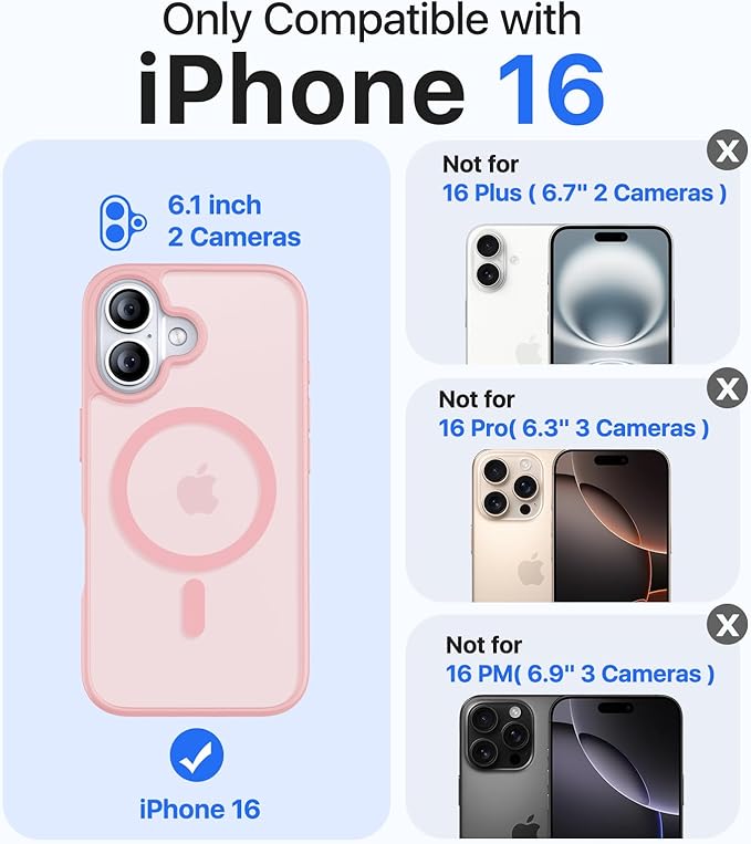 Magnetic for iPhone 16 Case, [Compatible with MagSafe][Military-Grade Drop Protection][Anti-Yellowing] Shockproof Protective Translucent Matte Cover for iPhone 16 Phone Case,Pink