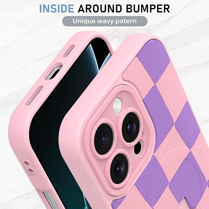 KANGHAR Compatible with iPhone 16 Pro Max Case, Support for MagSafe, Silicone Checkered Cute Pattern, Wristband Kickstand Camera Protection Soft Slim Cover for Girls Women -Pink