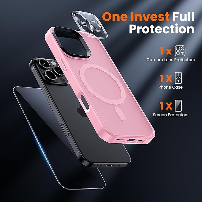 toushion 3 in 1 for iPhone 16 Pro Max Case with MagSafe, Screen Protector*1 Camera Lens Protector*1,Skin Feeling Back Military-Grade Protection for iPhone 16 Pro Max Phone Case 6.9 inch Pink