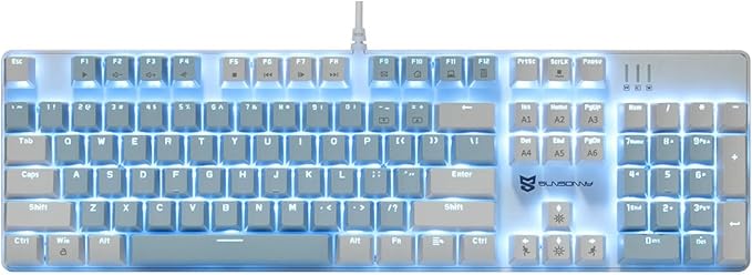 Merdia Full Size Wired Mechanical Gaming Keyboard | Blue Switch Led Backlit 104 Keys US Layout Mechanical Computer Keyboards | Hot Swappable Blue & White Keycaps Light Up PC Gaming Keyboard
