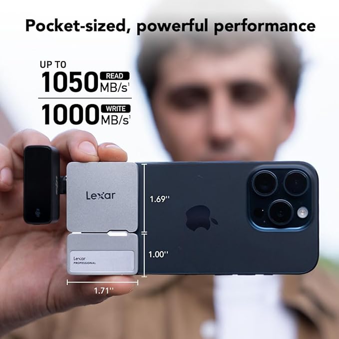 Lexar 2TB Professional Go Portable SSD w/Hub, Supports Apple 4K 60fps ProRes, Up to 1050MB/s, USB 3.2, Rugged, IP65, Ultracompact, Compatible w/iPhone 15/16 (Not 17), External SSD (LSL400S002T-RNSNU)