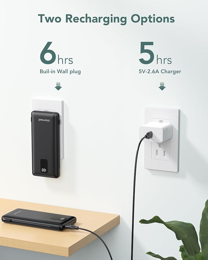 charmast Portable Charger with Built-in Cables and Wall Plug, 10000mAh USB C Portable Power Bank, Potable Phone Charger, Travel Essentials Compatible with iPhones, Samsung Galaxy, iPad