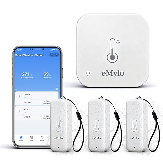 eMylo WiFi Temperature Humidity Sensor 4 Pack, Smart Indoor Thermometer Hygrometer with 3 Outdoor IP65 Sensors, Remote Monitoring App Alert, Data Export, 492ft Range for Home Greenhouse Baby Room