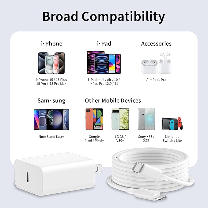 USB C Fast Charger for iPhone 16 15, [MFi Certified] 3 Pack 20W PD USB C Wall Charger Plug Block with 6FT USB Type C Fast Charging Cable for iPhone 16/15/15 Pro/15 Pro Max/15 Plus/iPad Pro Air Mini