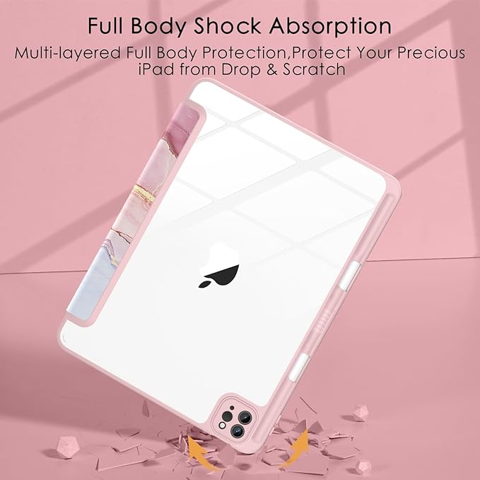 Soke Case for iPad Pro 12.9 Inch (6th/5th/4th/3rd Generation, 2022/2021/2020/2018) - Pencil Holder + Auto Sleep/Wake + Camera Protection, Transparent Shockproof Back Cover, Dreamy Marble