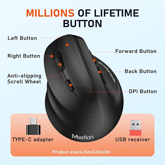MEETION Left-Handed Ergonomic Mouse, Wireless Vertical RGB Rechargeable Mouse, Bluetooth(5.2 + 3.0) & USB-A with USB-C Adapter 4 Adjustable DPI Mice for Mac/Windows/PC/Tablet/iPad Black