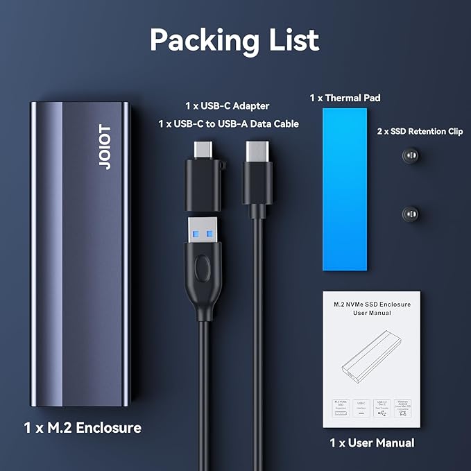 JOIOT SSD Enclosure USB C 10Gbps M.2 NVMe SSD Enclosure to USB Adapter USB 3.2 Gen 2 Aluminum Alloy SSD External Enclosure for M & M+B Key NVMe SSDSs 2230/2242/2260/2280
